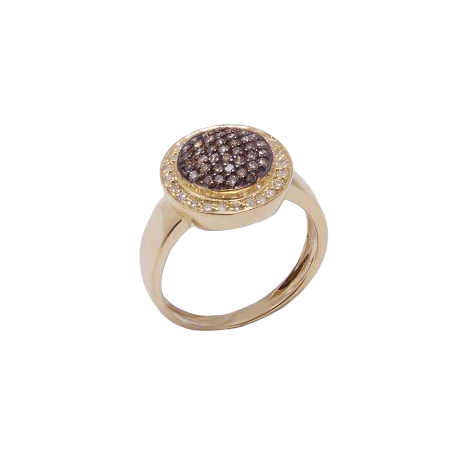 Anel em ouro amarelo 18k, com diamantes nas cores branco e chocolate, e detalhe em ródio negro