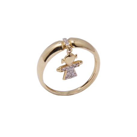 Anel em ouro amarelo 18k e diamantes, com uma boneca pendente