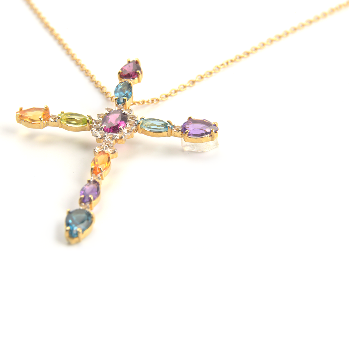 Gargantilha crucifixo em ouro amarelo 18K com topázio branco, ametista, citrino e peridoto